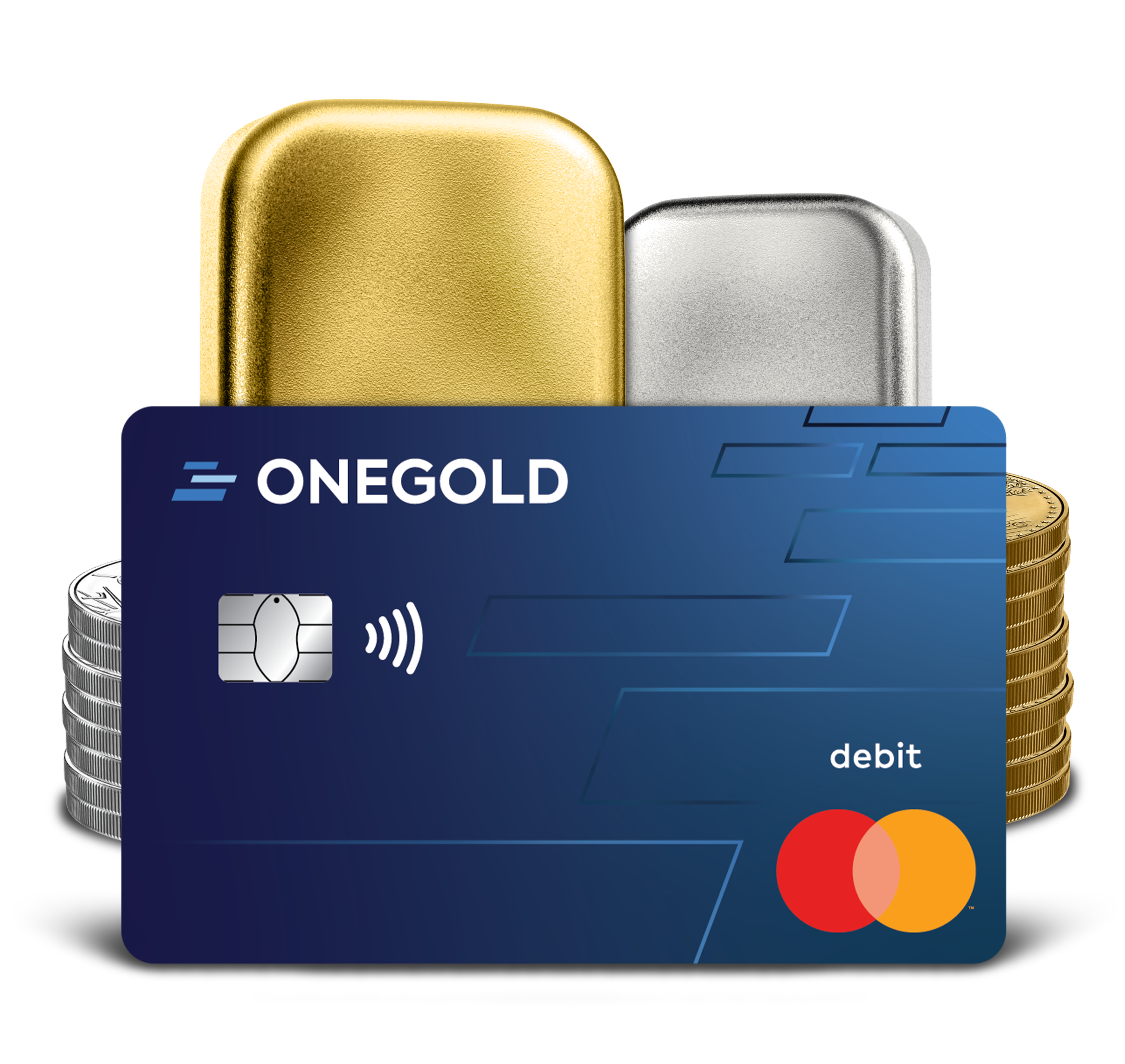 OneGold card with gold and silver bars